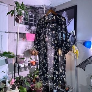 Emory‎ Park Black Floral Rose Kimono Duster Cardigan Lightweight Sheer XL